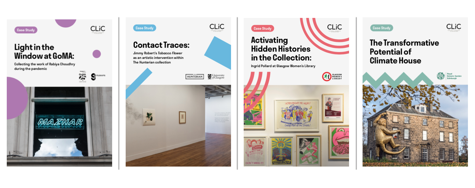 Images of case study front pages. L-R GoMA, The Hunterian, GWL, Climate House