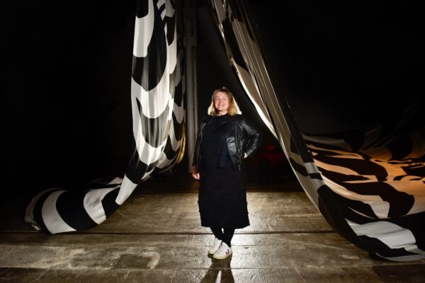 Moira Jeffrey, Director of the Scottish Contemporary Art Network (SCAN), marks the launch of SCAN’s #ArtUnlocks campaign by visiting the exhibition Human Threads at Tramway, Glasgow. Photograph: Julie Howden.